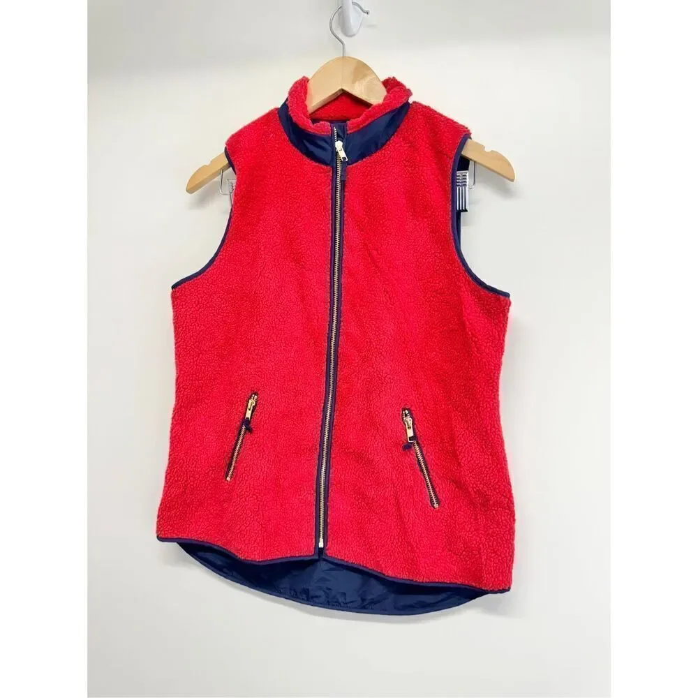 Crown‎ & Ivy Vest Size Small Womens Red Blue Faux Fur Full Zip